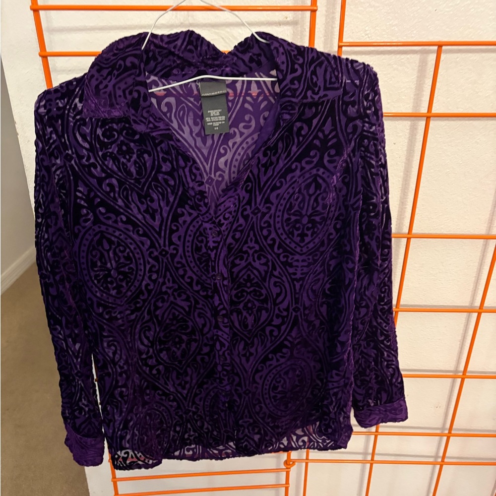 NWOT Covington Purple Long Sleeve Sheer Button Shirt Womens Size Small